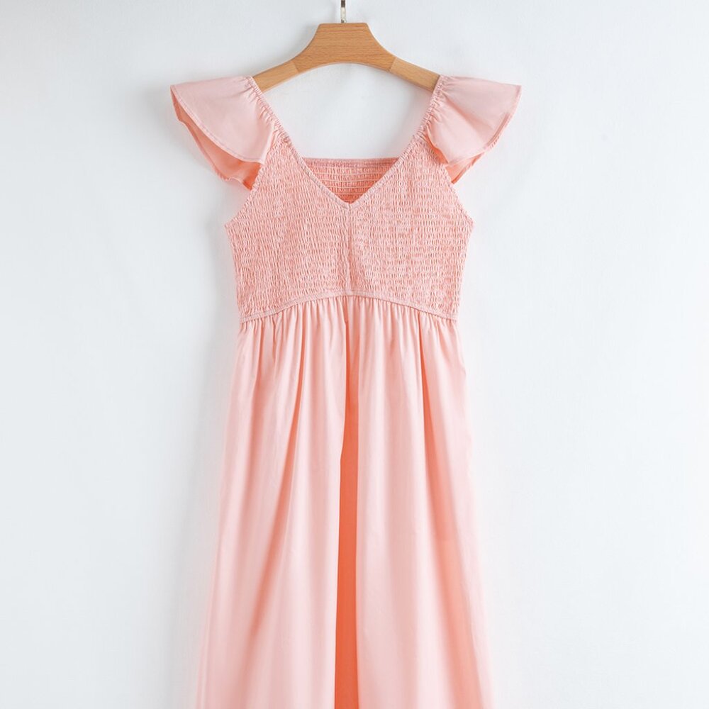 B281 Apricot Pink V Neck Flutter Sleeve Smocked Bodice High Waist Ruffle Maxi Dr - Picture 6 of 13